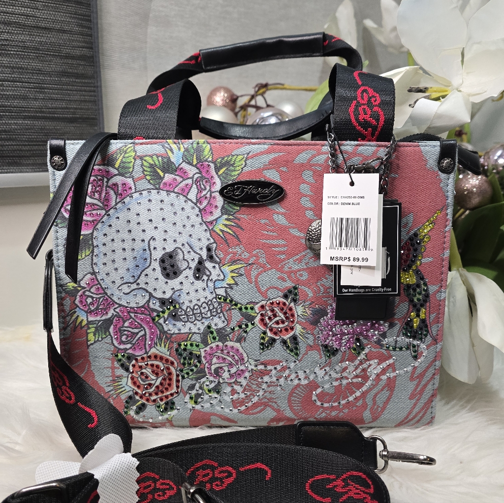 Ed Hardy Tote  Crossbody Bag Denim Sparkling Skull Flowers Brand New